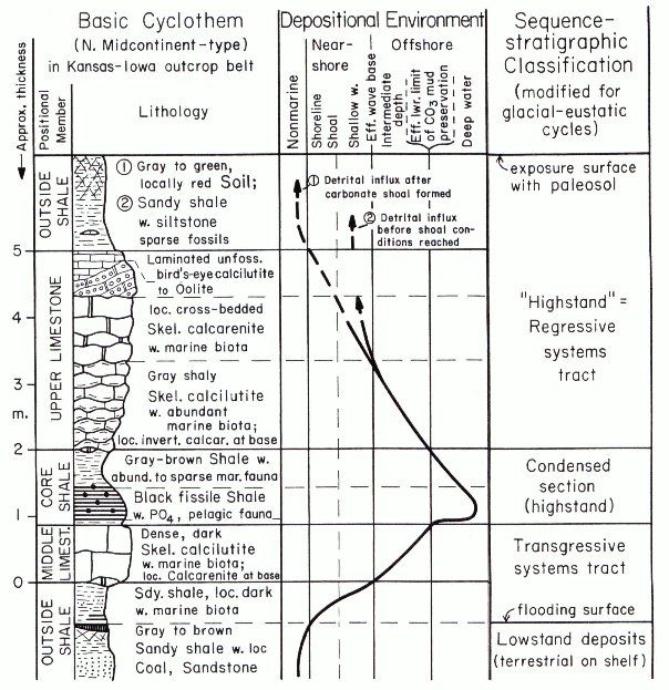 Sketch of cyclothem showing lithology, depositional environment, and sequence-stratigraphic classification.