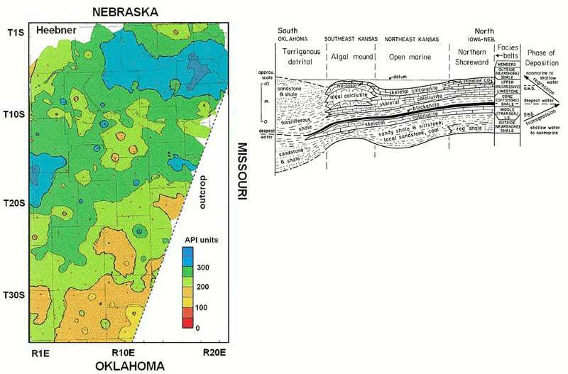 Map and cross section of the Heebner Shale in eastern Kansas.