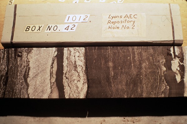 Photo of core containing anhydrite and shale.