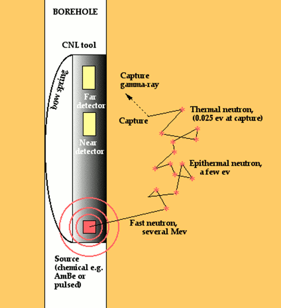 Neutron tools contain a radioactive source that supplies a flux of high energy neutrons that radiate spherically into the rock at the borehole wall.