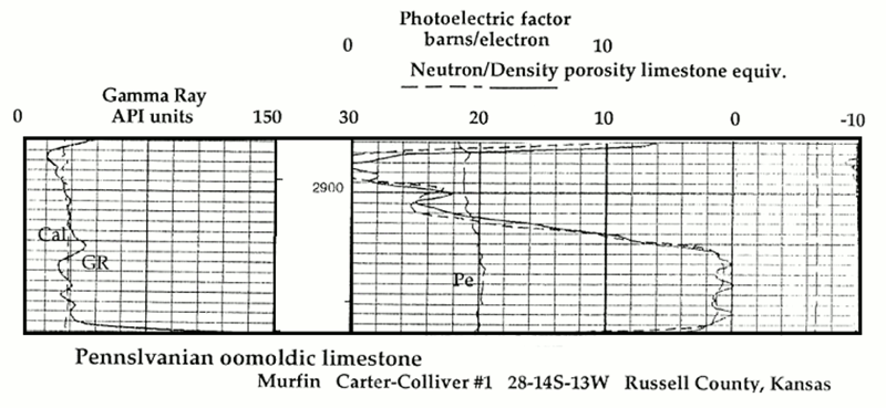 Limestone-scaled neutron and density porosity curves track closely from the low-porosity (1%) wackestone below.