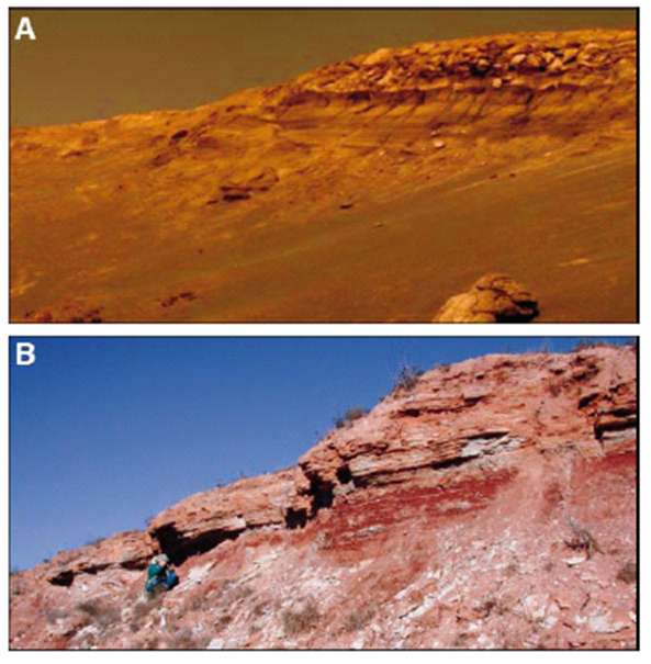 Photographs of outcrops on Mars and in Kansas.