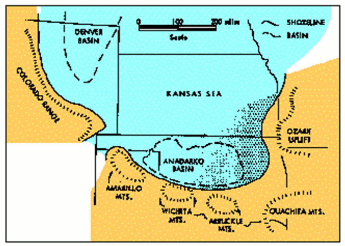 Map showing Kansas Sea and western, southern, and eastern highlands.