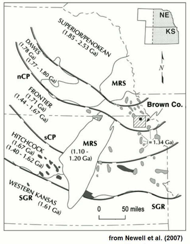 Map of Kansas and Nebraska showing basement terranes.