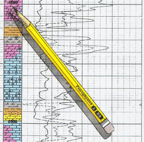 Sketch of log trace, color geologic interpretation, and pencil.