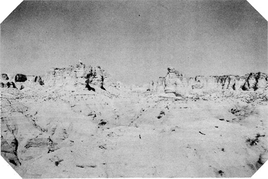 Black and white photo of Bad lands, Chalk Bluffs, Logan County.