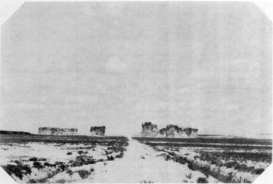 Black and white photo of Monument Rocks, Gove County.