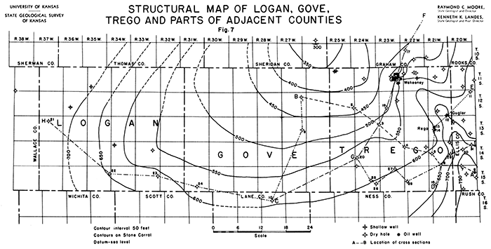 Structure map contoured on Stone Corral; cross section locations included.