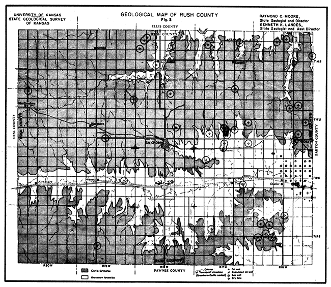 Geologic map of County with Carlile Fm in upper areas and Graneros Fm surrounding rivers and streams.