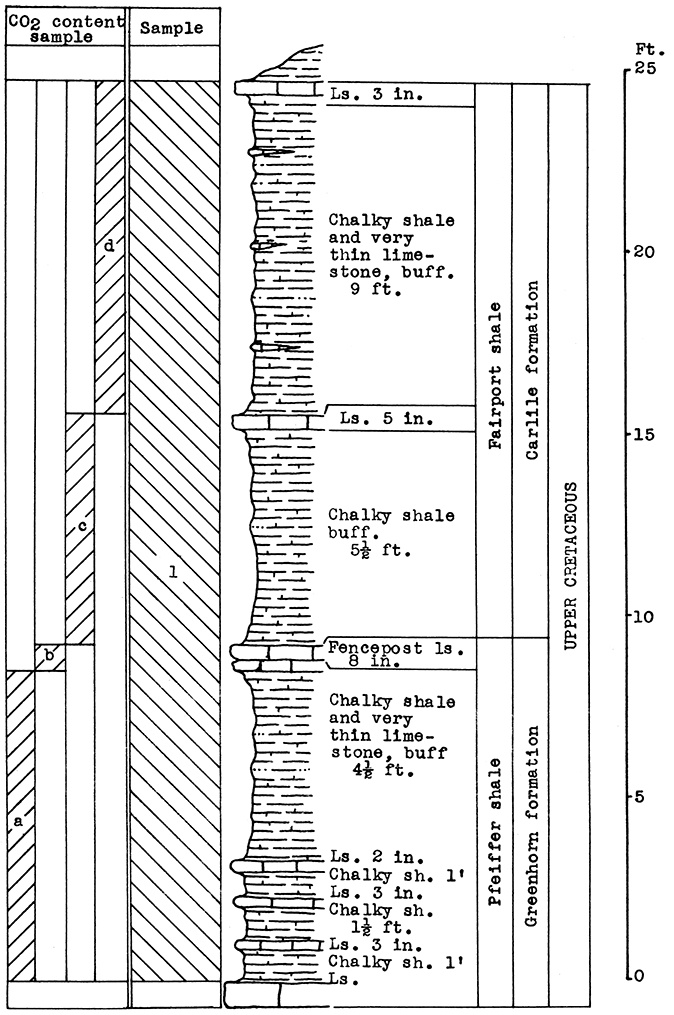 Stratigraphic section of road cut outcrops on Kansas Highway 1, north of Rush-Ellis county boundary.