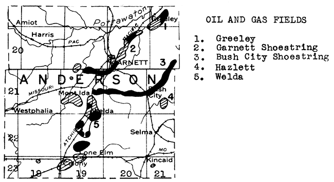 Map of Anderson County showing oil and gas fields.
