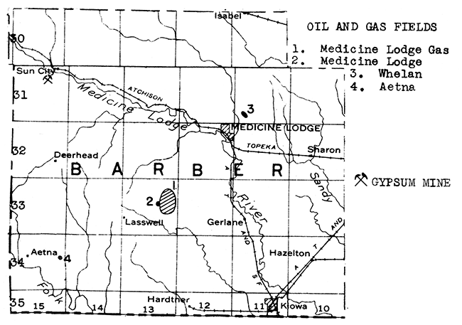 Map of Barber County showing oil and gas fields and gypsum.