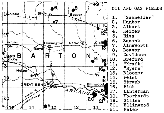 Map of Barton County showing oil and gas fields.