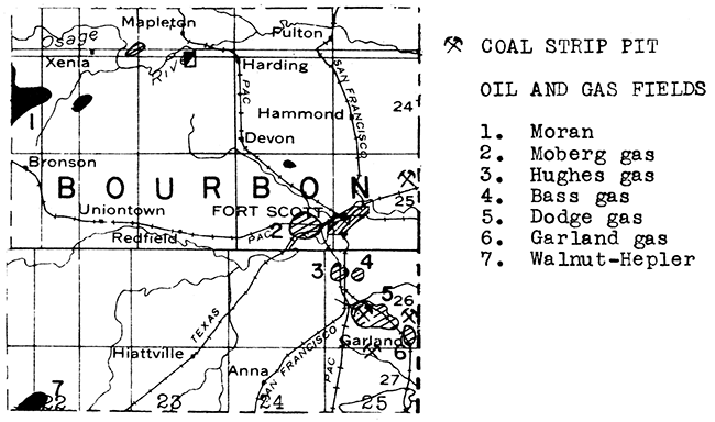 Map of Bourbon County showing oil and gas fields and coal strip pit.