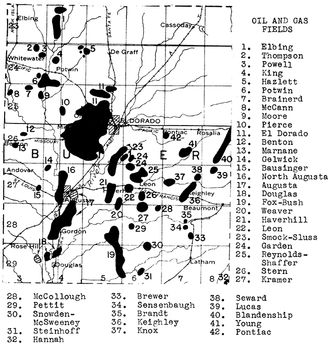 Map of Butler County showing oil and gas fields.