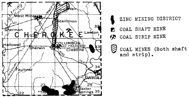 Map of Cherokee County showing Zinc and Coal mining areas.