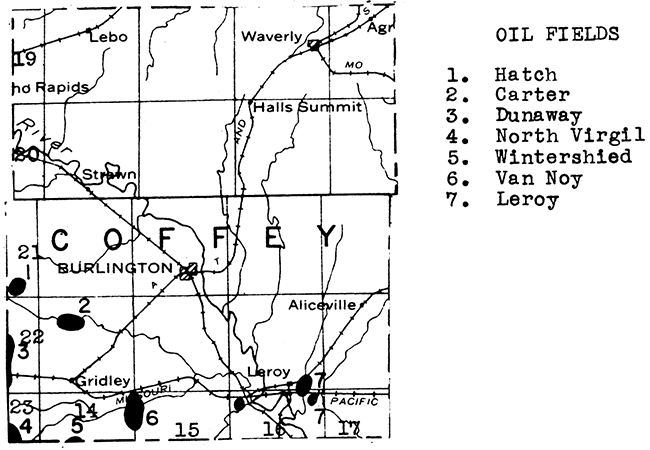 Map of Coffey County showing oil and gas fields.