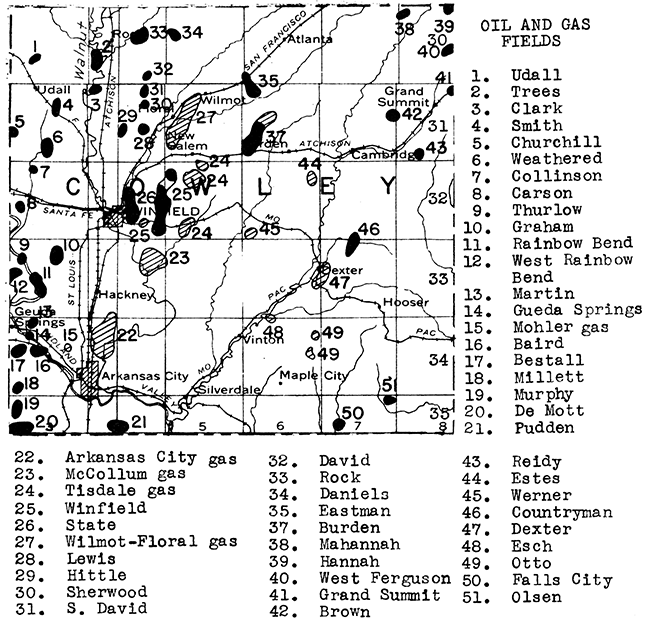 Map of Cowley County showing oil and gas fields.