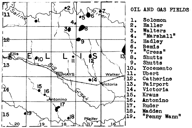 Map of Ellis County showing oil and gas fields.