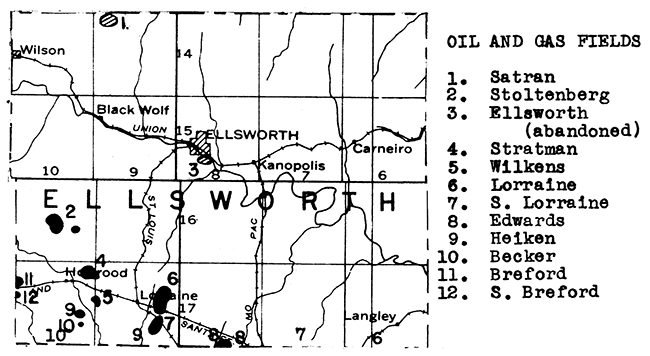 Map of Ellsworth County showing oil and gas fields.