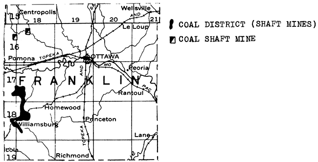 Map of Franklin County showing coal districts and mines.