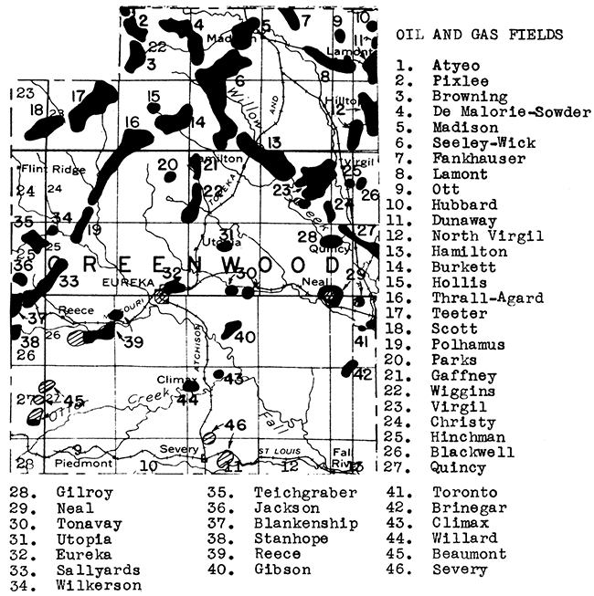 Map of Greenwood County showing oil and gas fields.