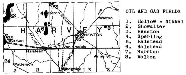 Map of Harvey County showing oil and gas fields.