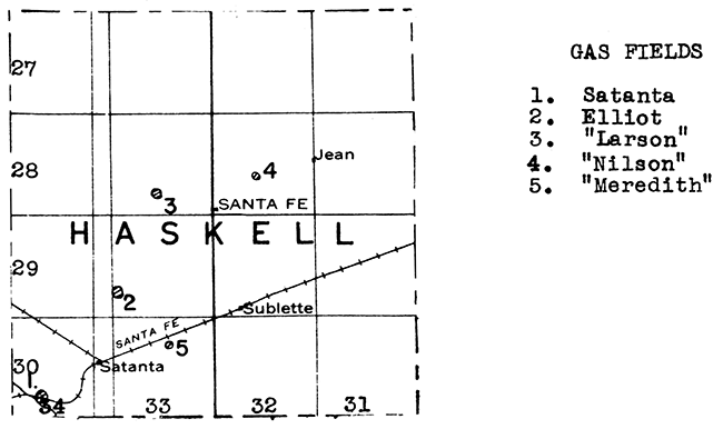Map of Haskell County showing oil and gas fields.