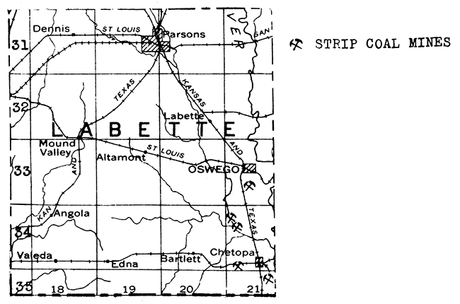 Map of Labette County showing coal mines.