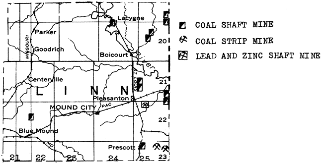 Map of Linn County showing coal mines and lead and zinc mines.