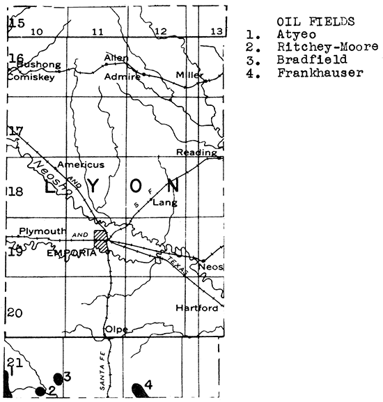 Map of Lyon County showing oil and gas fields.