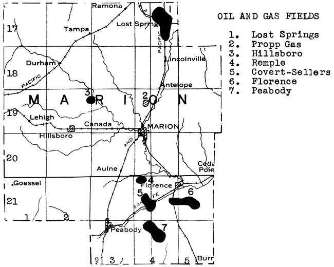 Map of Marion County showing oil and gas fields.