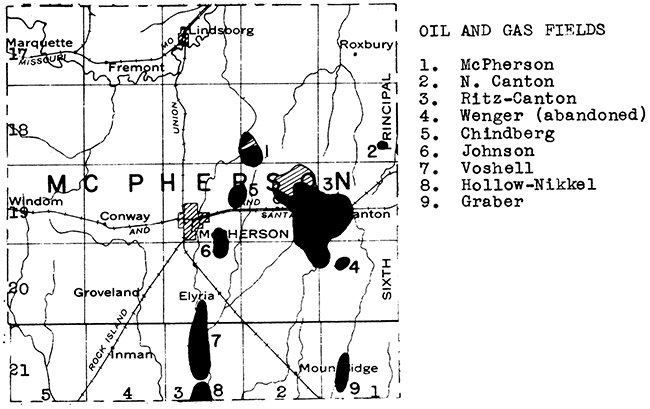 Map of McPherson County showing oil and gas fields.