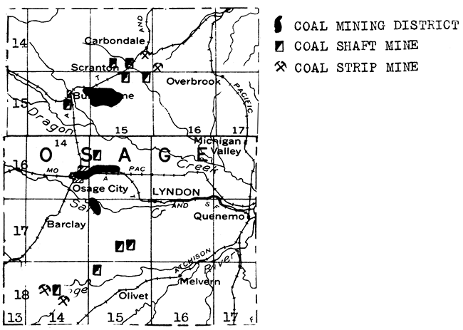 Map of Osage County showing mines and districts.