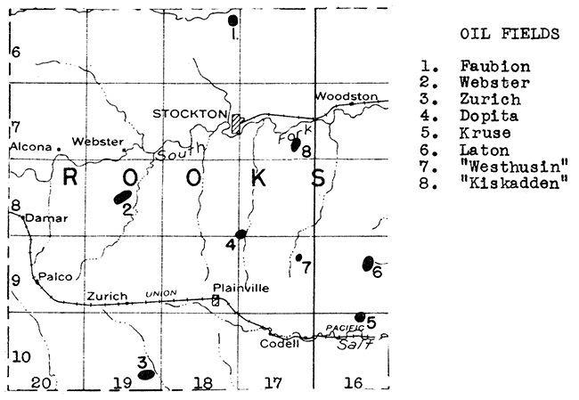 Map of Rooks County showing oil and gas fields.