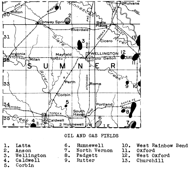 Map of Sumner County showing oil and gas fields.