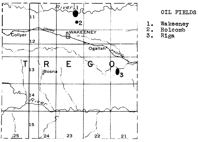 Map of Trego County showing oil and gas fields.