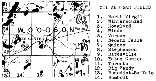 Map of Woodson County showing oil and gas fields.