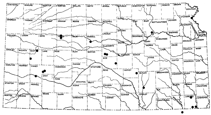 Index map of Kansas, showing location of outcrops sampled for testing for rock wool.