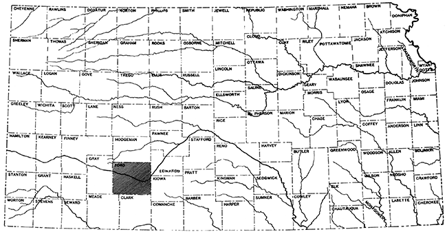 Study area in southwest Kansas; Ford County is north of Clark County, south of Hodgeman, east of Gray, and west of Edwards and Kiowa counties.
