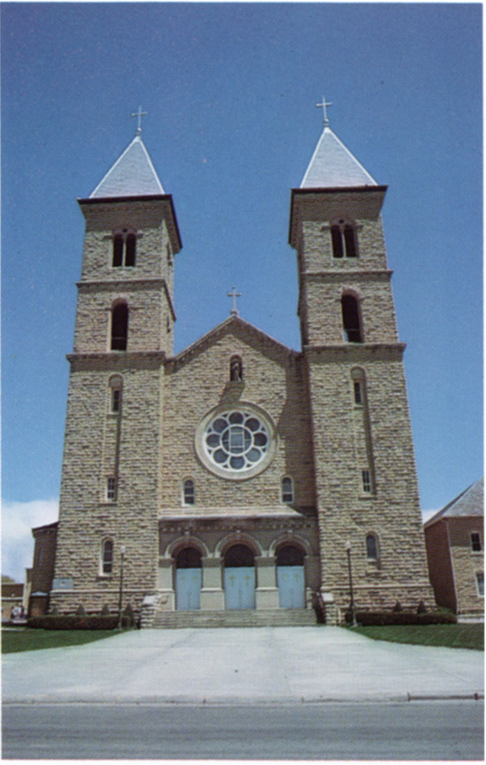 Color photo of Saint Fidelis Church, better known as the Cathedral of the Plains, at Victoria.
