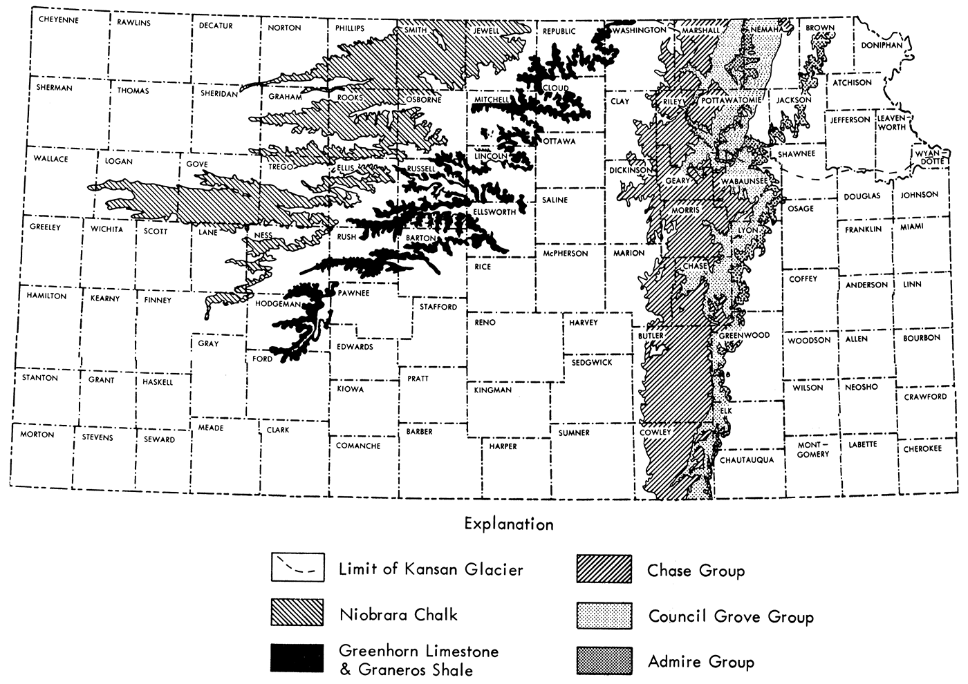 Map of Kansas showing outcrops of geological groups which contain Kansas building limestones.
