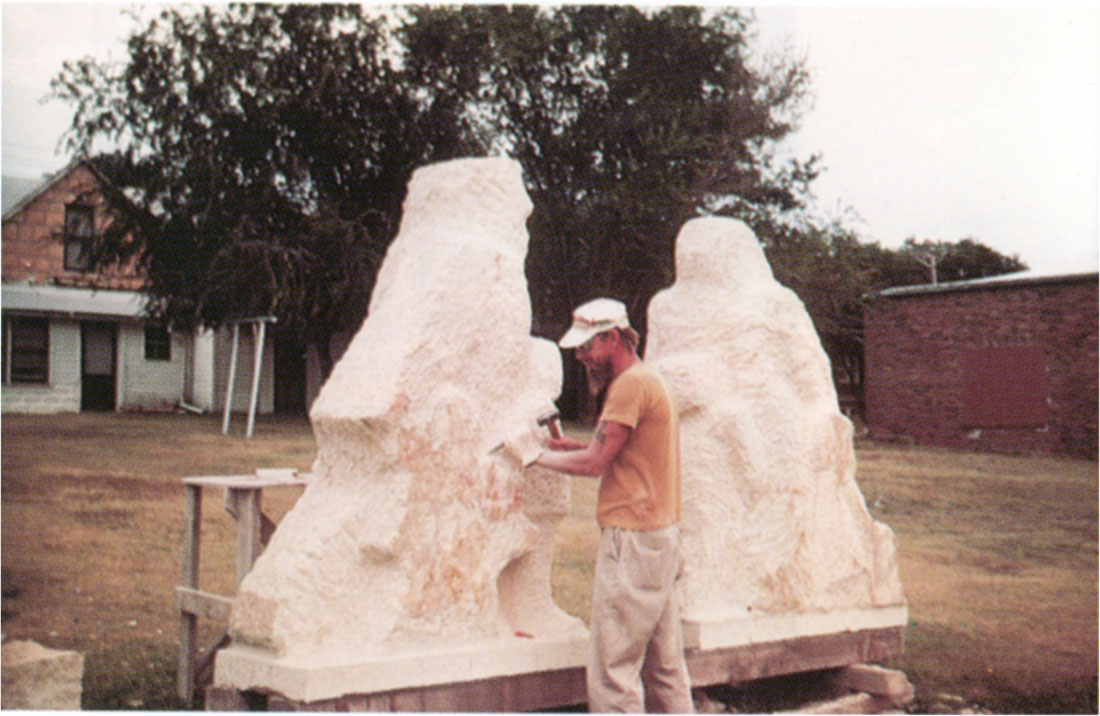 Color photo of  Kansas sculptor Peter Felton is creating a work from Silverdale limestone.