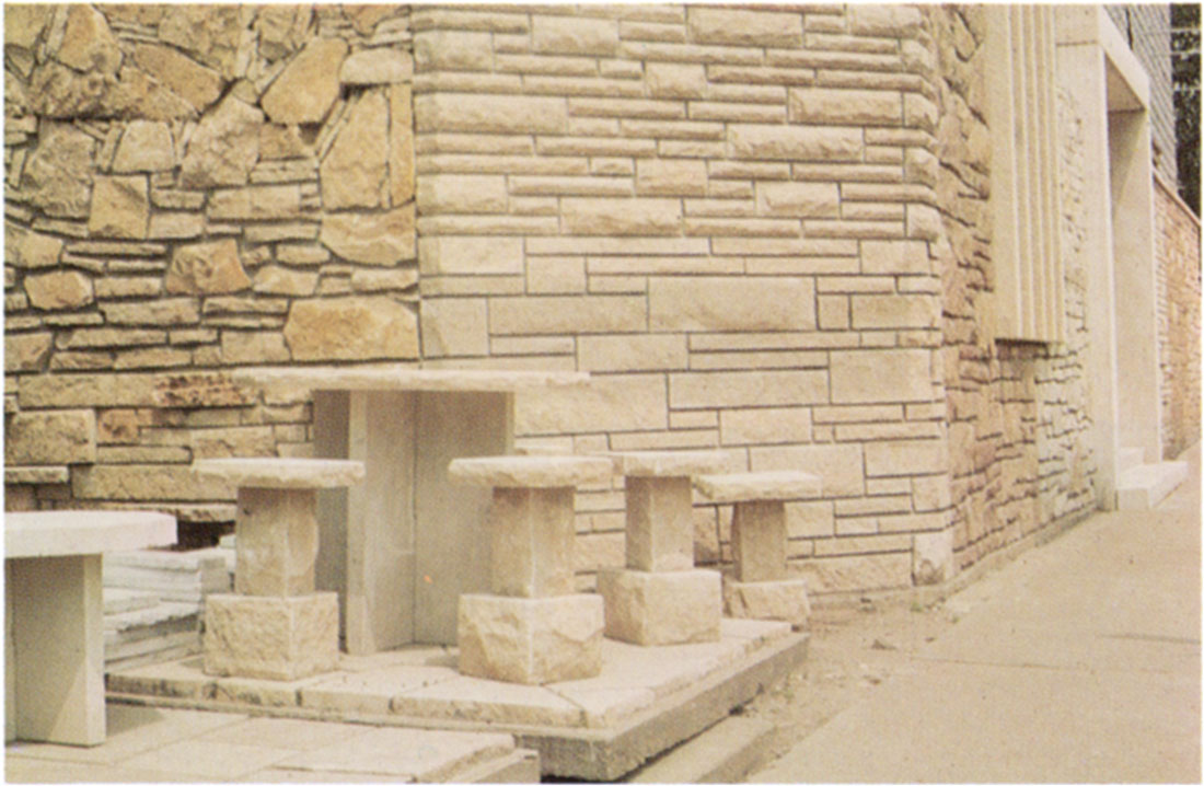 Color photo of picnic table and stools made from Onaga limestone.