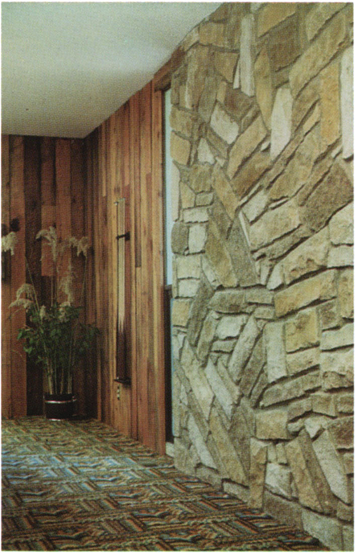 Color photo of a blend of Neva, Onaga, and Chestnut Shell limestones on an interior wall.