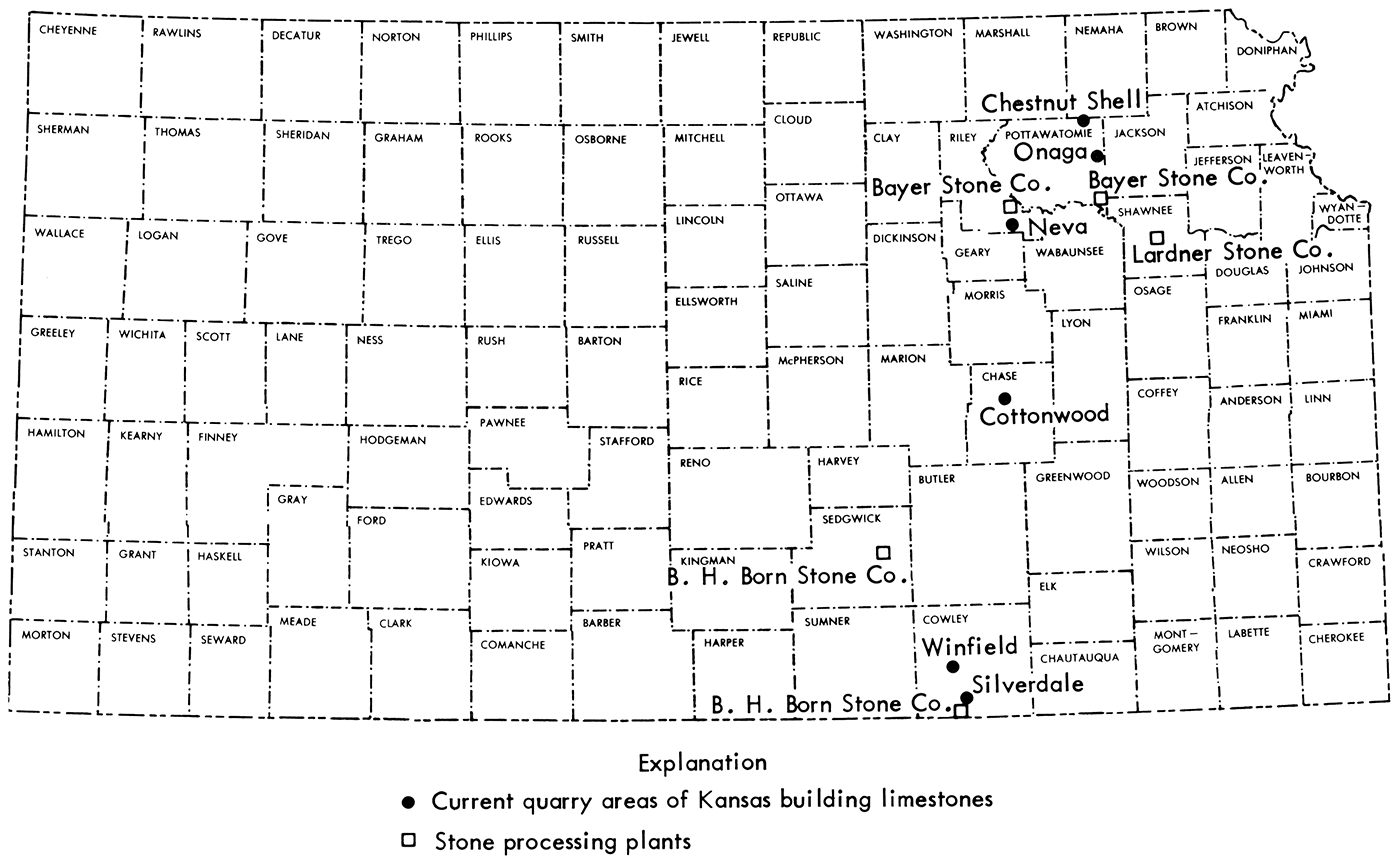 Map of Kansas showing locations of sources and processing plants of Kansas building limestones.