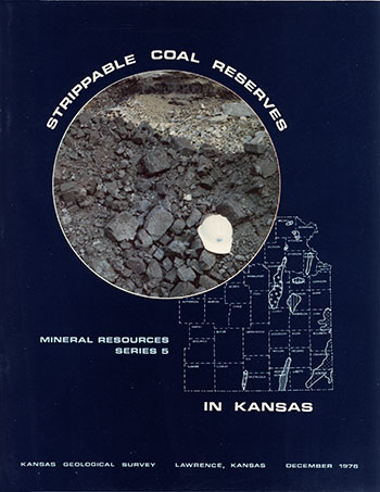 small image of the cover of the book; dark blue cover with white text, image of coal outcrop, and map of eastern Kansas coal areas.