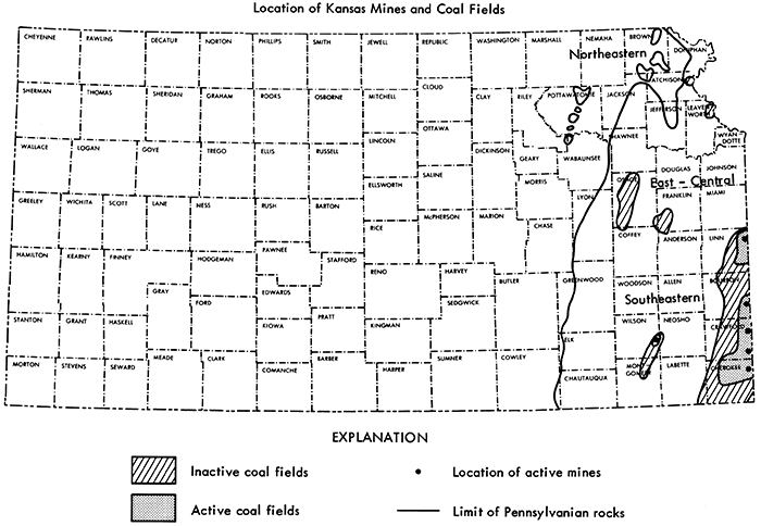 Map of Kansas; coal fields located in area east of Pottawatomie County.