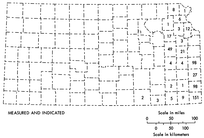Distribution of bituminous coals by county in millions of short tons for coals having a stripping ratio of 30:1 or less.
