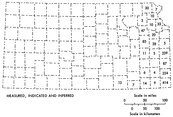 Distribution of bituminous coals by county in millions of short tons for coals having an overburden of 100 feet or less.